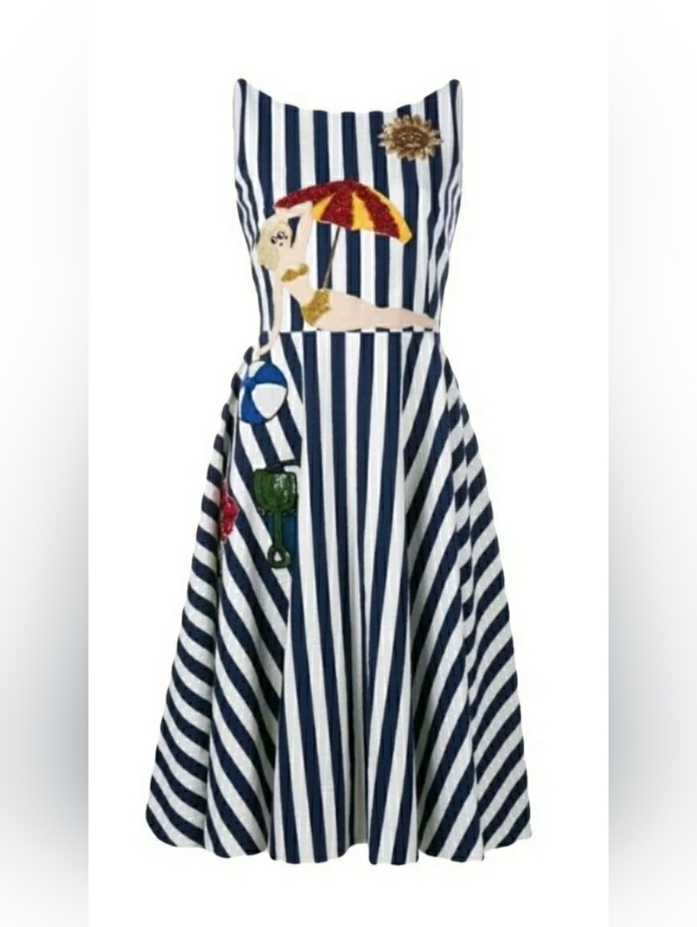 Dolce & Gabbana White and Navy Striped Dress with Embroidered Appliqués